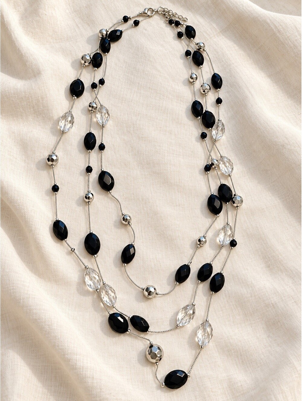 🖤 Black, Clear & Silver Tone Three-Strand Beaded Necklace